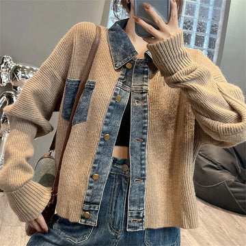 Women Denim Stitching Sweater Jacket Autumn New Fashion Loose Short Knitted Cardigan Lady Coats Casual Denim Jacket Women